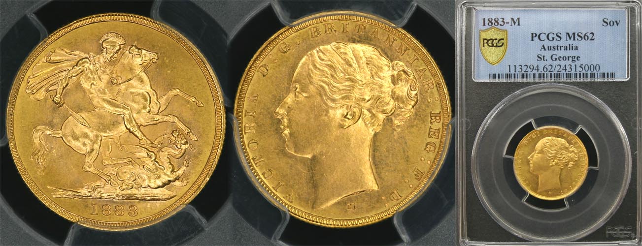1883 MELBOURNE MINT YOUNG HEAD SOVEREIGN   PCGS MS62