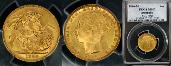 1886 MELBOURNE MINT YOUNG HEAD SOVEREIGN   PCGS MS62
