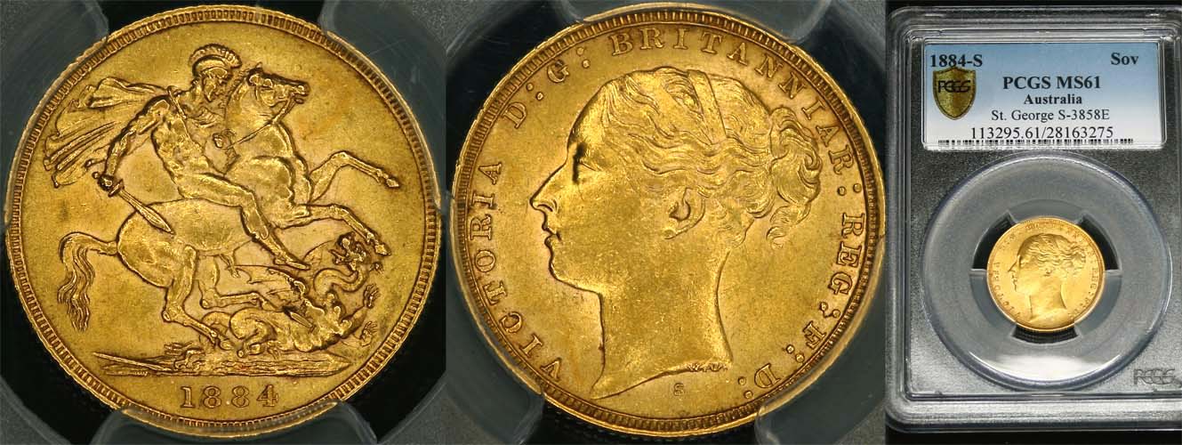 1884 SYDNEY MINT YOUNG HEAD SOVEREIGN  PCGS MS61